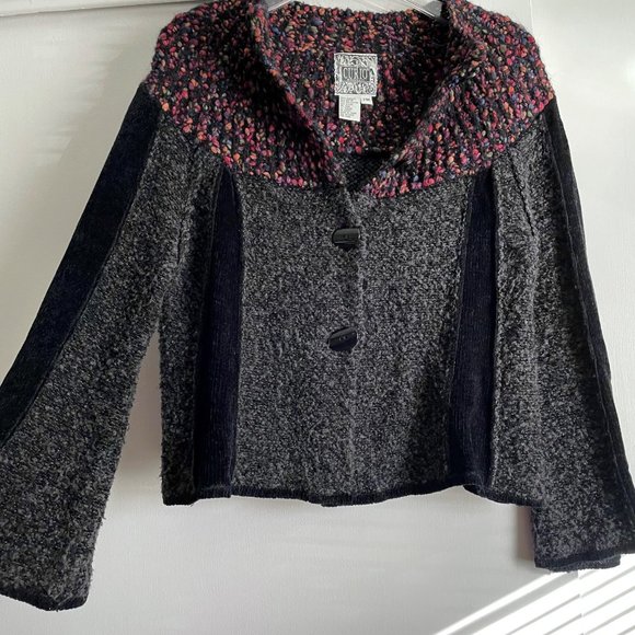 Curio Bell Sleeve Button Cardigan Sweater Boucle Collar Jacket MP Gray Black - Picture 10 of 11